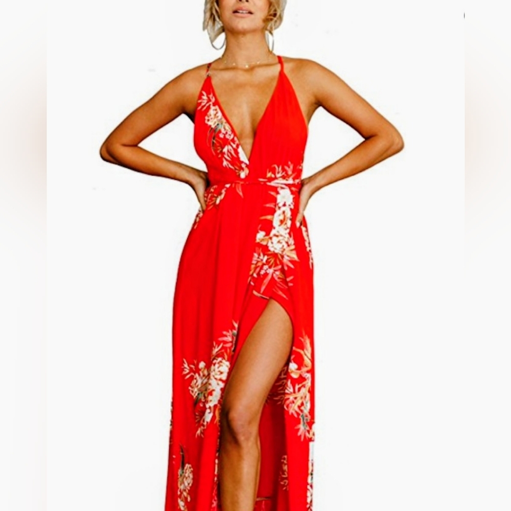 Red Floral Maxi Dress with Deep V & High Slit